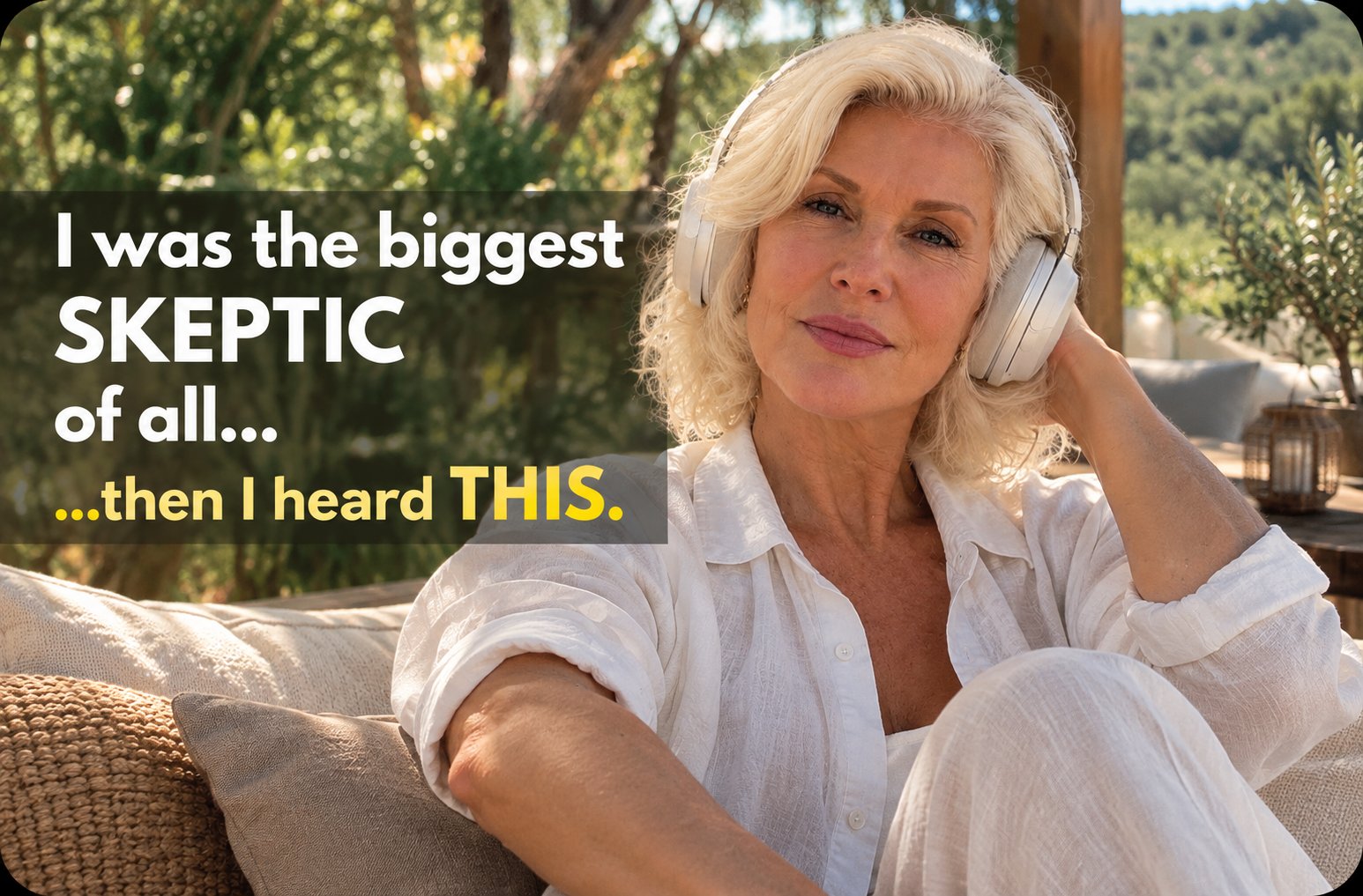 Woman listening to the Fibonacci Frequency with headphones